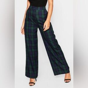 Boohoo Plaid Wide-Leg Pants - Navy and Forest Green